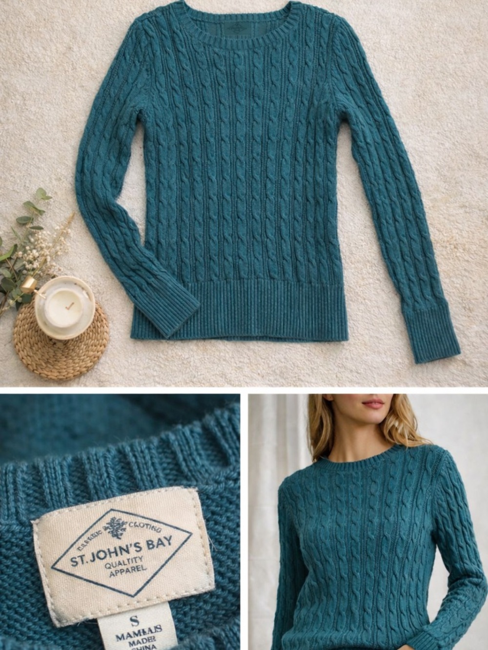 St. John's Bay Teal Cable Knit Crewneck Sweater